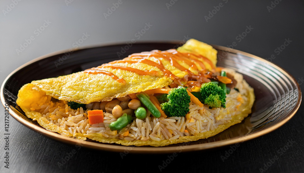 A plate is filled with a fluffy omelet containing broccoli, carrot, greens and noodles, creating a unique and hearty breakfast dish. A plate is filled with a fluffy omelet containing broccoli, carrot, greens and noodles, creating a unique and hearty breakfast dish.