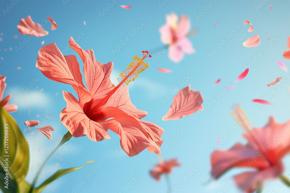 Photography of hibiscus flowers with their petals moved by the wind against a blue sky background. Photography of hibiscus flowers with their petals moved by the wind against a blue sky background.