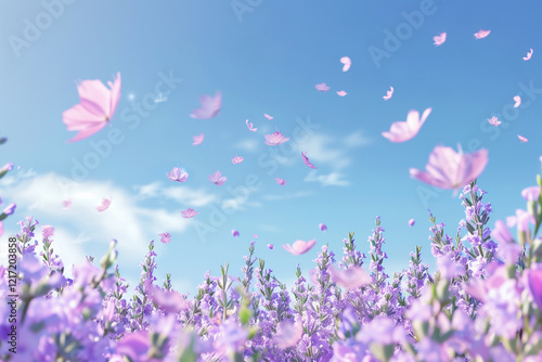 Photography of lavender flowers with their petals moved by the wind against a blue sky background.