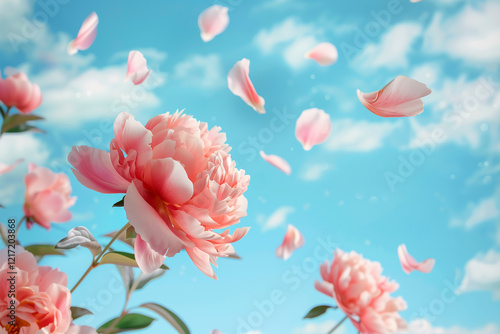 Photography of peony flowers with their petals moved by the wind against a blue sky background.