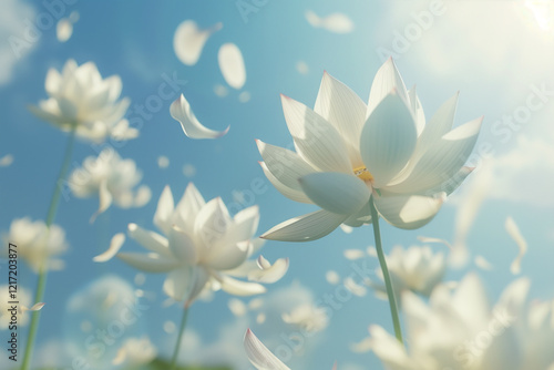 Photography of lotus flowers with their petals moved by the wind against a blue sky background. photo