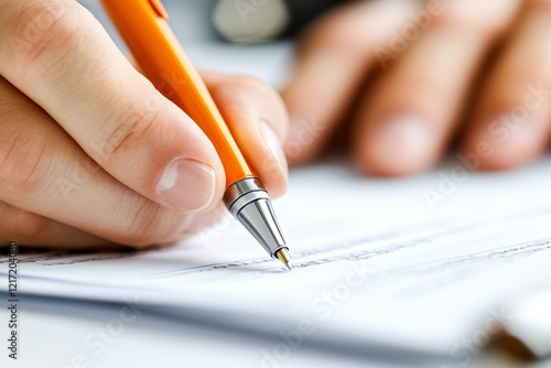 A close-up of a person fidgeting with a pen during a tense job interview, their hands trembling slightly photo