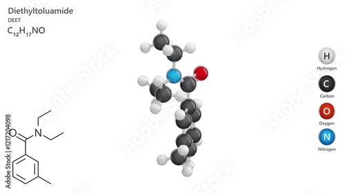 Diethyltoluamide or DEET. Insect repellent. Animated 3D model of a molecule. Molecular formula: C12H17NO. Chemical model: Ball and sticks. White background. 3D rendering. Seamless loop. photo