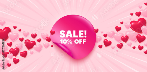 Sale sticker love banner. Sunburst ray background. Sale 10 percent off discount. Promotion price offer sign. Retail badge symbol. Valentines day greeting card. Promo background. Vector