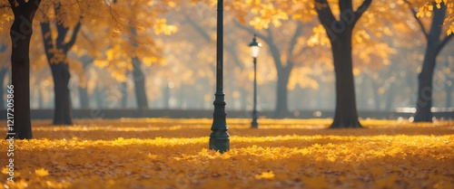 Autumn Scene with Bright Yellow Leaves and Vintage Street Lamp in Peaceful Park Setting. photo