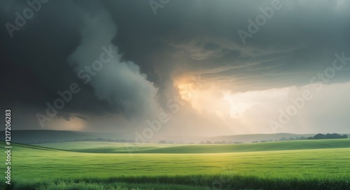 Dramatic landscape with sunlight breaking through dark storm clouds over green field photo