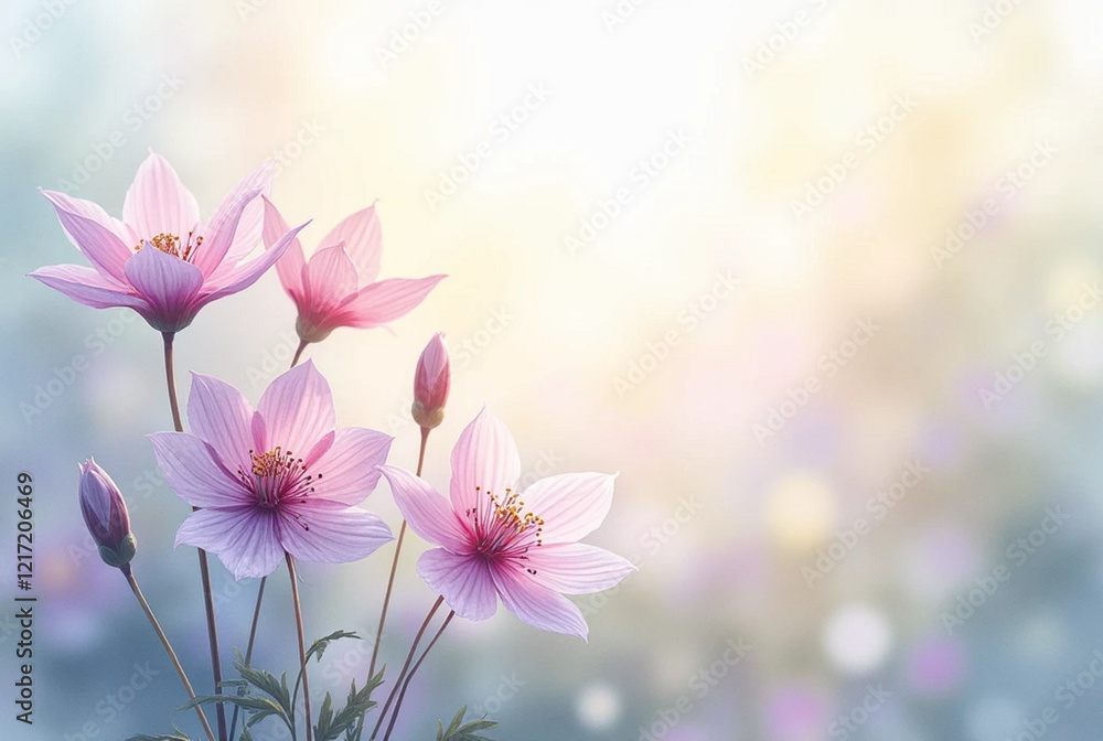 Obraz premium Hand drawn minimalistic illustration of delicate purple flowers on a blurred light background with copy space