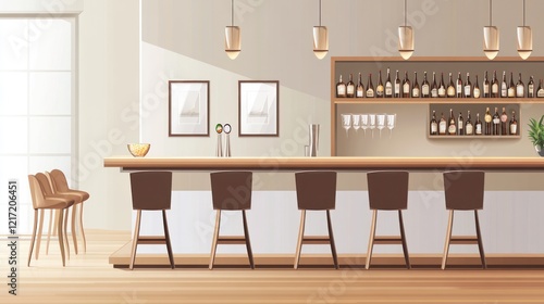 Modern bar interior with wood bar counter, empty chairs, and wine display.  Possible use Restaurant advertisement or design reference photo