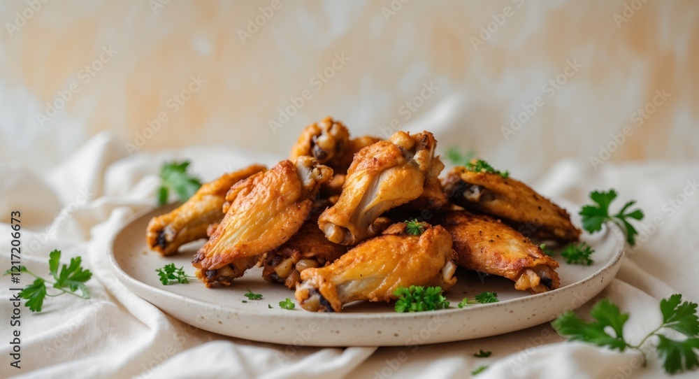 Crispy chicken wings served hot on a plate ready for the next exciting gathering or celebration Crispy chicken wings served hot on a plate ready for the next exciting gathering or celebration
