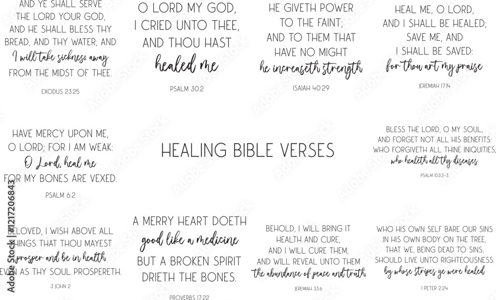 Fototapeta premium Healing Bible Verses Bundle, Christian biblical quotes set, encouraging verses poster, vector illustration
