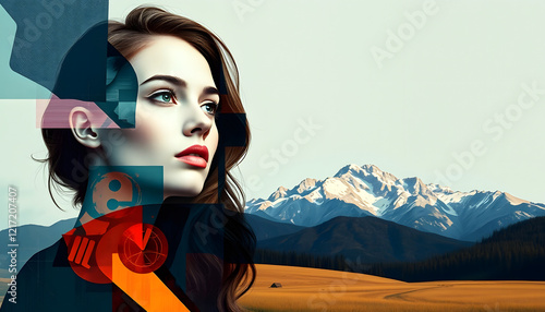 Abstract art, collage with female portrait and mountains, vector style, with white tones