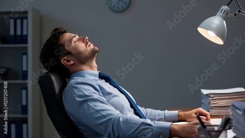 Exhausted Businessman Taking a Nap at Desk Late at Night After Working Hours