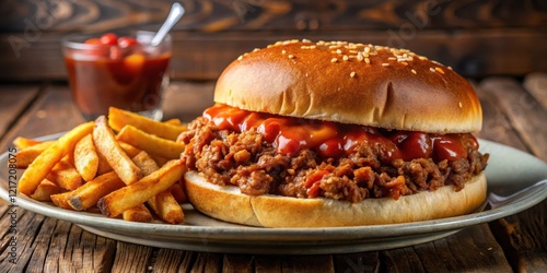 A juicy sloppy joe sandwich sitting on a plate surrounded by crispy French fries and a side of ketchup
