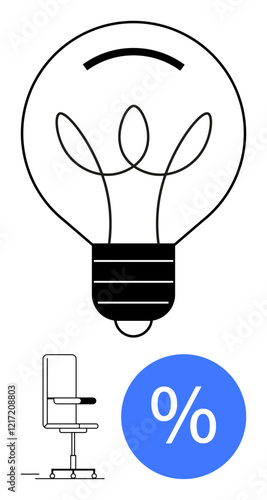 Light bulb with plant-thumbs up filaments, swivel chair, and percentage sign. Ideal for creativity, productivity, efficiency, office work, ideas growth innovation. Black-white scheme with blue