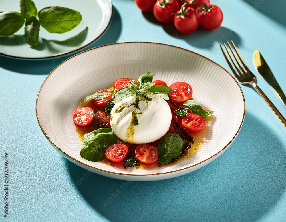 Fresh caprese salad with burrata cheese is served with halved cherry tomatoes, basil leaves, and a drizzle of olive oil on a white ceramic plate. Fresh caprese salad with burrata cheese is served with halved cherry tomatoes, basil leaves, and a drizzle of olive oil on a white ceramic plate.