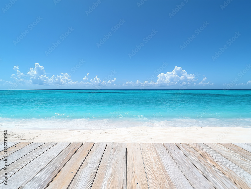 Fototapeta premium Beach view with wooden planks, white sand, turquoise ocean, and blue sky, ideal for vacation or relaxation concepts