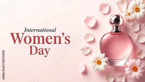 Elegant Women's Day banner with perfume bottle and delicate floral decorations for a stylish touch