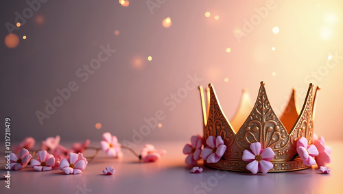 Royal Women's Day banner with golden crown and floral accents in a soft lighting setting