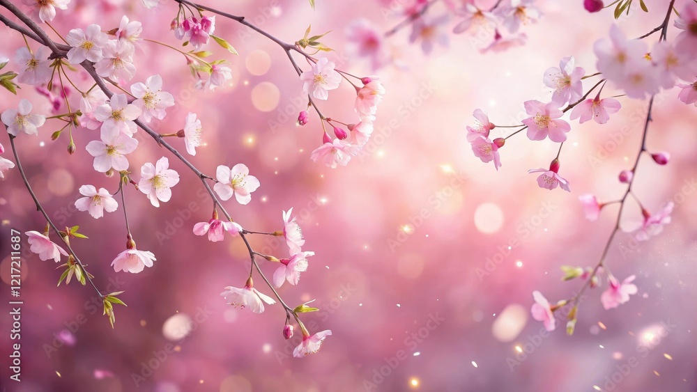 Fototapeta premium Softly falling cherry blossoms blanket a delicate tender pink background with gentle curves and subtle shading, springtime scenery, outdoors