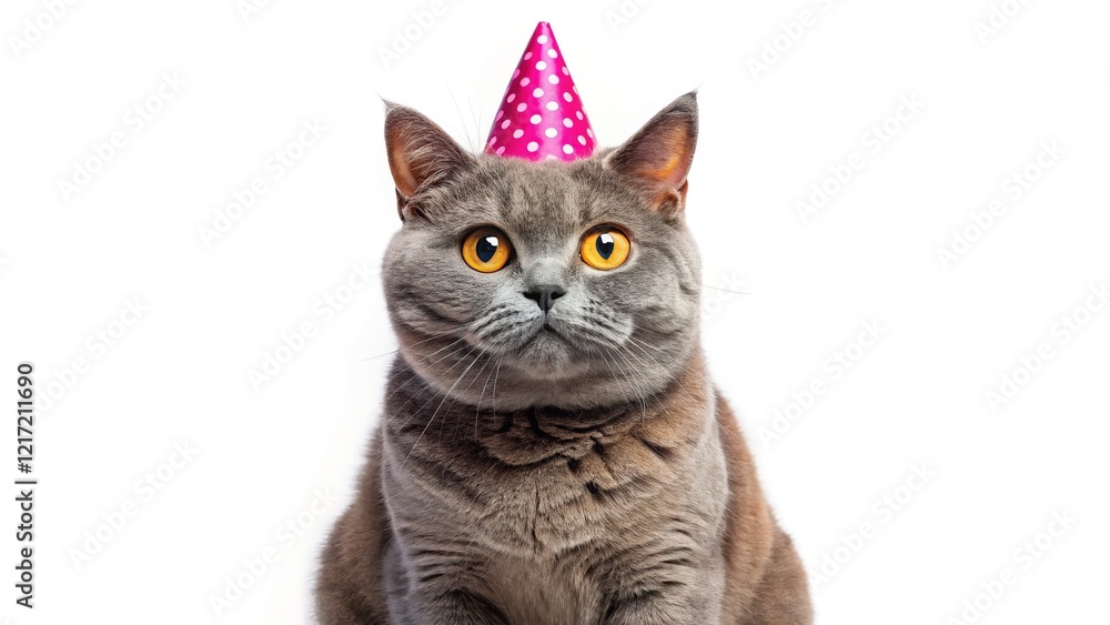 Fototapeta premium A British shorthair cat, blue-tortoiseshell, wears a pink party hat; orange eyes, deep focus.