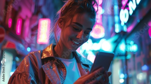 Woman using phone at night under neon lights