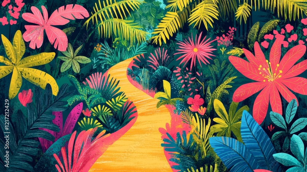 Fototapeta premium A Vibrant Yellow Path Winding Through a Lush, Colorful Tropical Garden