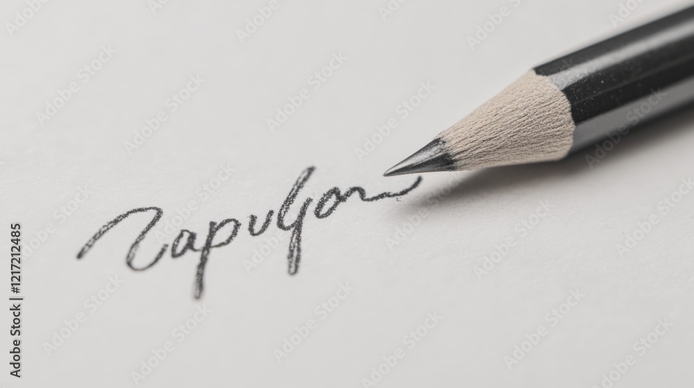 Close-up of a graphite pencil writing an elegant signature on a clean white paper background Close-up of a graphite pencil writing an elegant signature on a clean white paper background