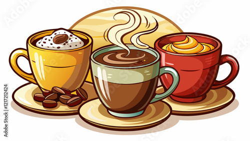 
three cups of hot cappucino, black coffee, chocolate cocoa. side view, white background, photography