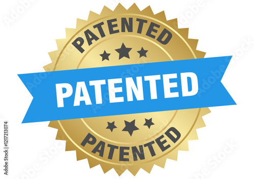 patented. patented round blue and gold label isolated on transparent background