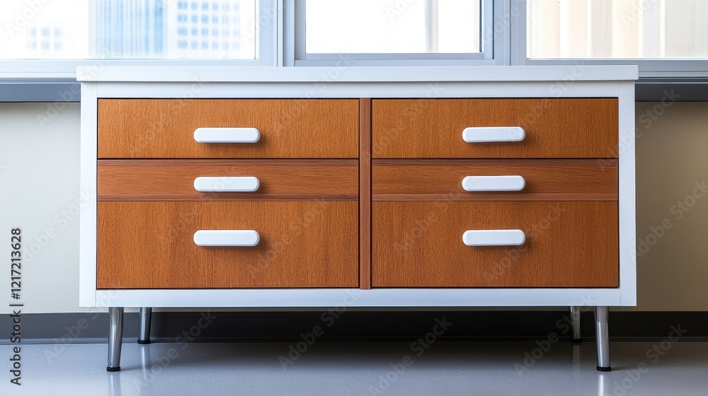 Modern Wooden Cabinet with White Drawers in Bright Room Modern Wooden Cabinet with White Drawers in Bright Room