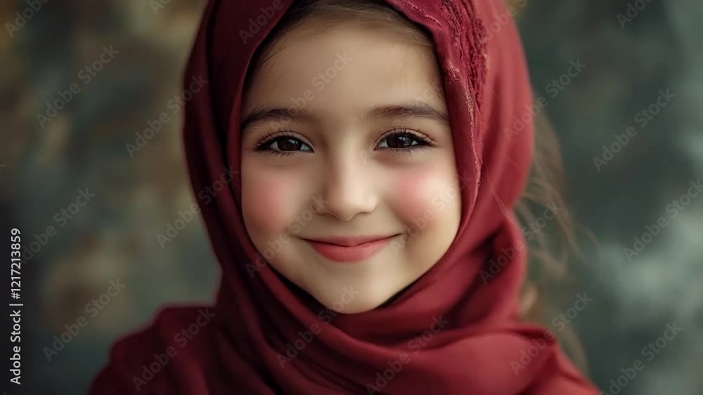 Scene of smiling little girl wearing hijab, smooth repetitive motion for background video animation Scene of smiling little girl wearing hijab, smooth repetitive motion for background video animation