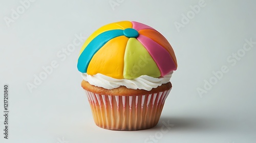 A cupcake designed as a playful beach ball with colorful frosting panels photo