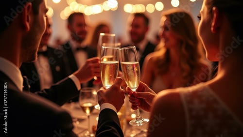 Attendees clinking crystal champagne flutes in celebratory toast under softly glowing lights Smiling diverse group attending an exclusive gala event