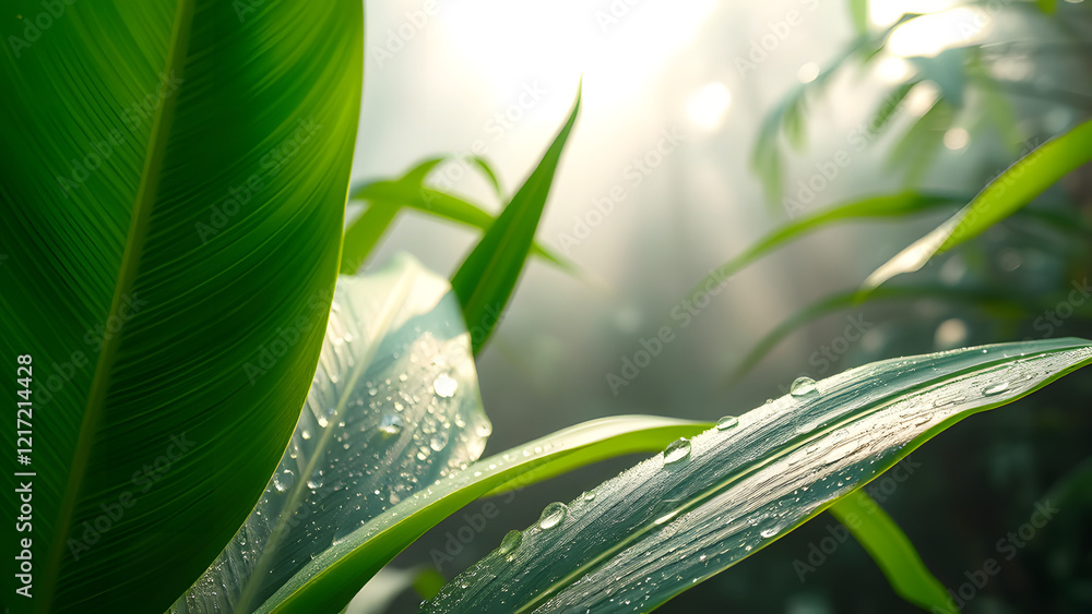 Obraz premium Sunlight filters through lush tropical foliage, illuminating vibrant green leaves of a palm tree in a lush rainforest