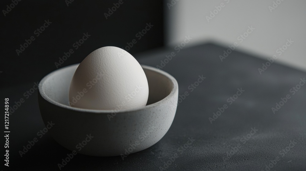 Single white egg in a small grey bowl on a black surface. the egg is placed in the center of the bowl, with its head facing towards the left side of the image. Single white egg in a small grey bowl on a black surface. the egg is placed in the center of the bowl, with its head facing towards the left side of the image.