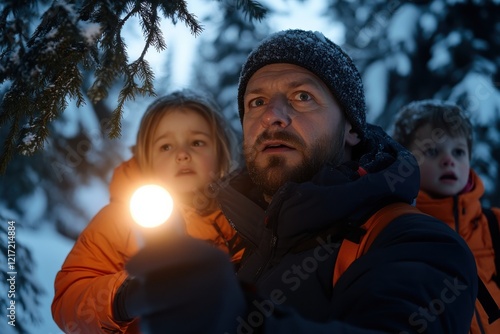 A father guides his children, holding a flashlight in a snowy forest at night, illustrating the themes of protection, adventure, and familial love in challenging situations. photo