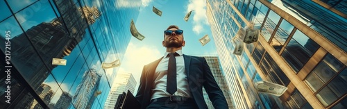 A confident businessman walking down a city street as dollar bills fall around him, symbolizing wealth, success, and ambition. Ideal for business, finance, and motivational themes.