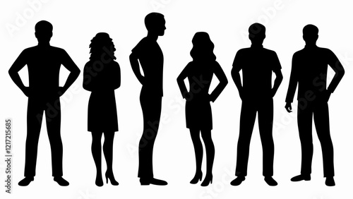 Five people standing in a row, silhouetted against a white background