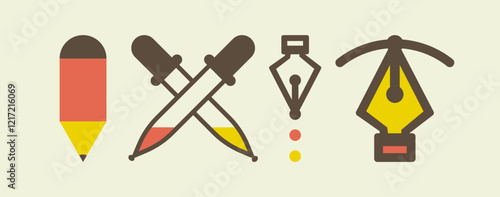 Set of icons for graphic design. Collection of different elements: ink pen, pencil, pipette with coloured liquid. Flat vector illustration for banner, poster, poster, flyer or cover.