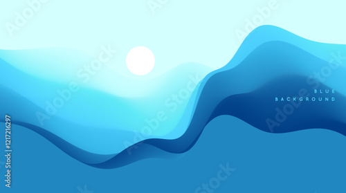 Blue abstract ocean seascape. Sea surface. Water waves. Nature background. Landscape with mountains. Vector illustration for banner, flyer, poster, cover or brochure.