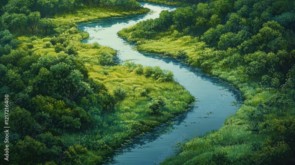 A winding river meanders through a lush, verdant landscape, with trees and bushes dotting the banks. A winding river meanders through a lush, verdant landscape, with trees and bushes dotting the banks.