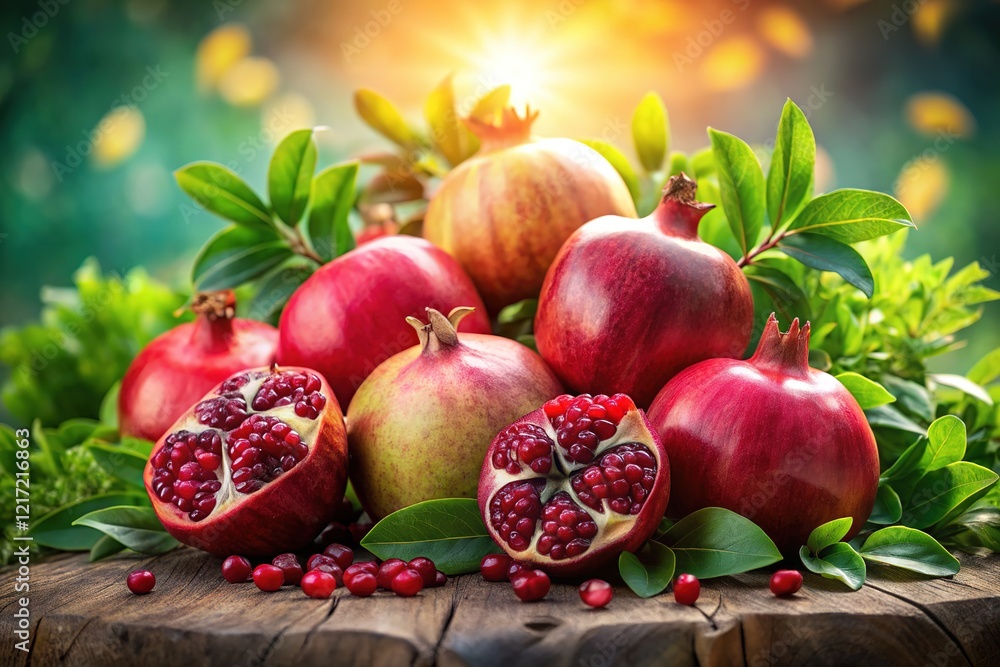 Blurred pomegranate, lush leaves, a burst of color. Blurred pomegranate, lush leaves, a burst of color.