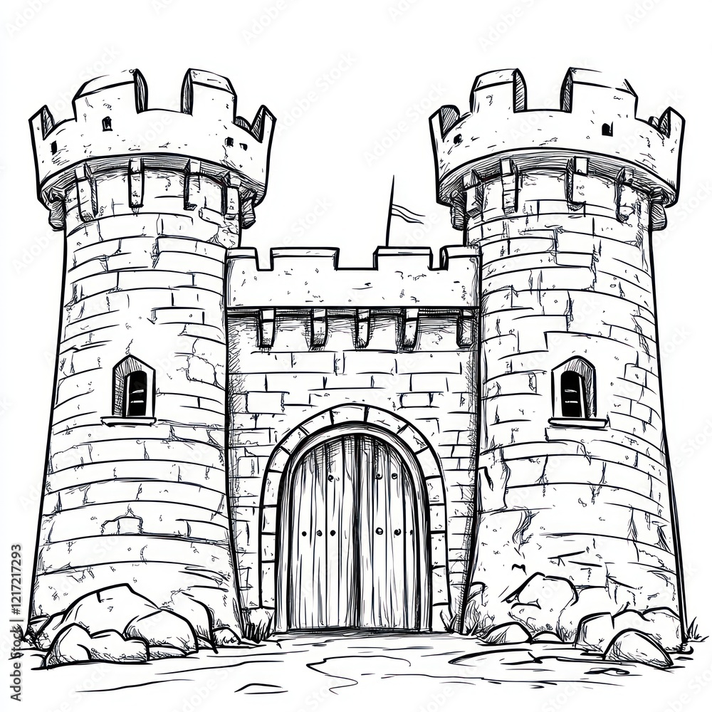 Obraz premium Cartoon illustration of a medieval castle with two towers, a large gate, and stone walls.