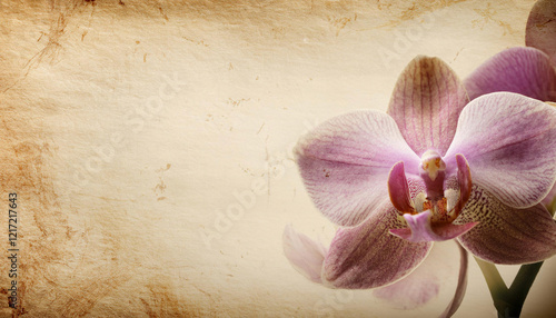 A delicate pink magnolia flower blooms elegantly against a textured vintage sepia background. copy space