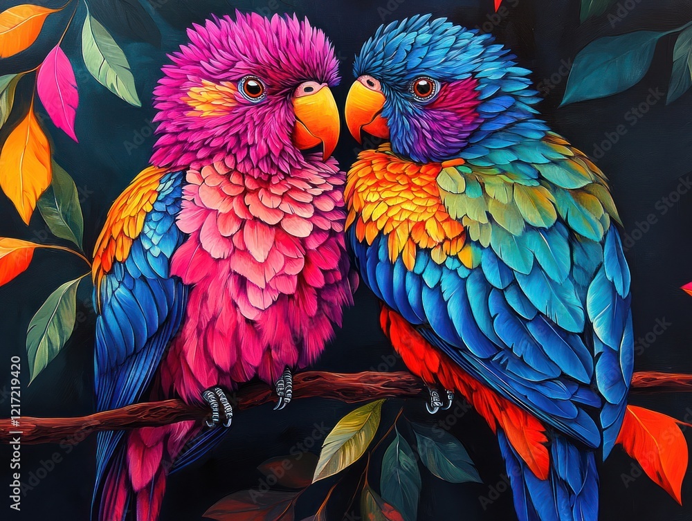 Obraz premium Two parrots facing each other on a branch, with colorful leaves in the background, for nature display