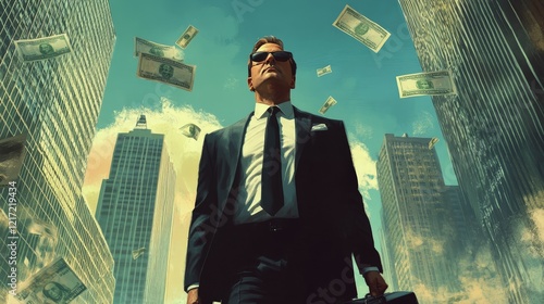 A confident businessman walking down a city street as dollar bills fall around him, symbolizing wealth, success, and ambition. Ideal for business, finance, and motivational themes.