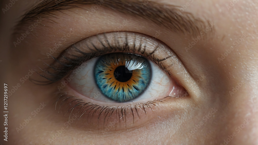 Obraz premium Close-Up of a Mesmerizing Eye with Vibrant Blue and Gold Iris, Natural Skin Texture, and Captivating Details 