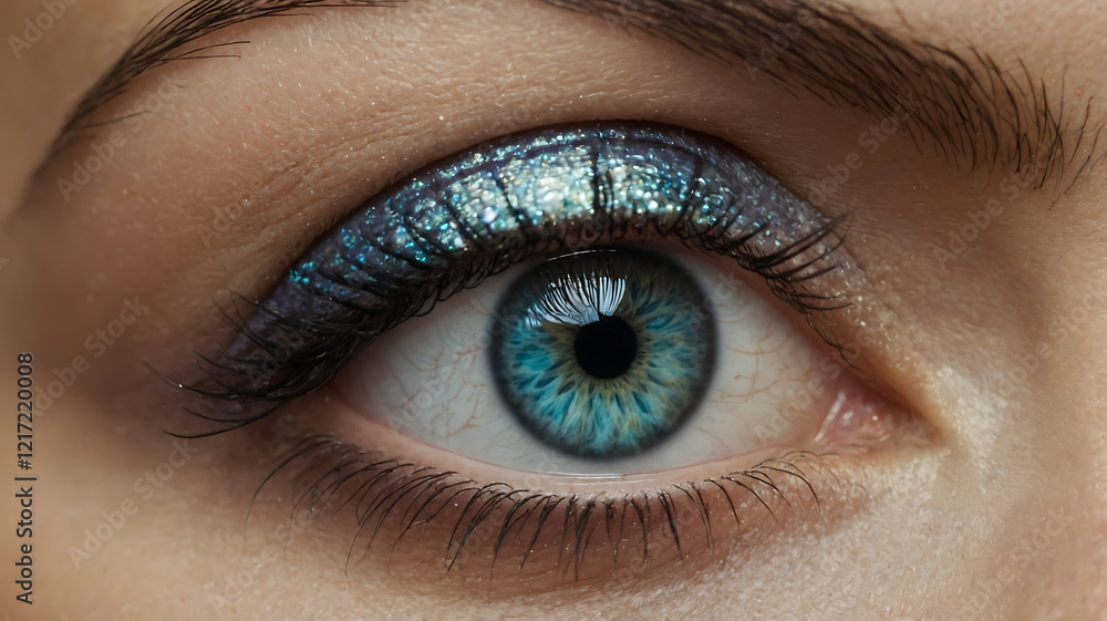 Obraz premium Close-Up of a Blue Eye with Glittering Eyeshadow and Captivating Details
