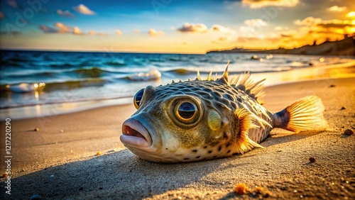 Deceased pufferfish, coastal still life.  AI-generated photo. photo