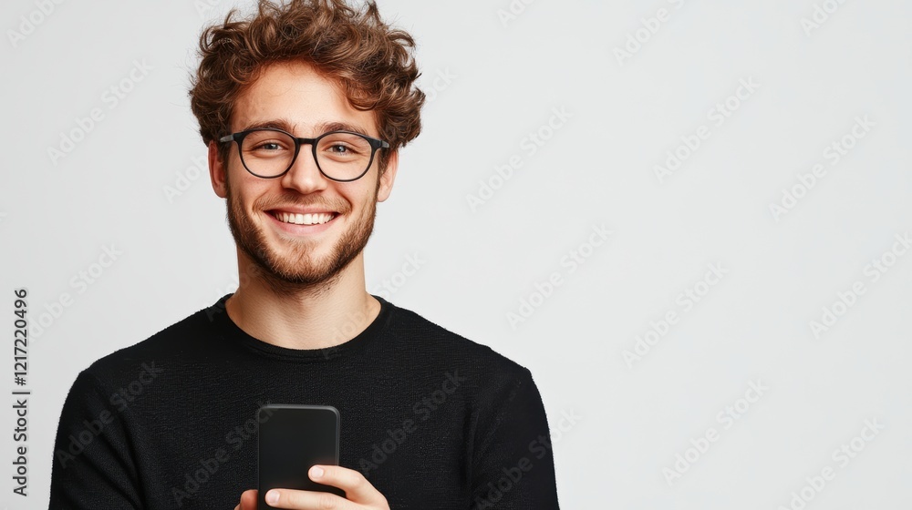 Smiling Man with Curly Hair Holding a Smartphone Smiling Man with Curly Hair Holding a Smartphone
